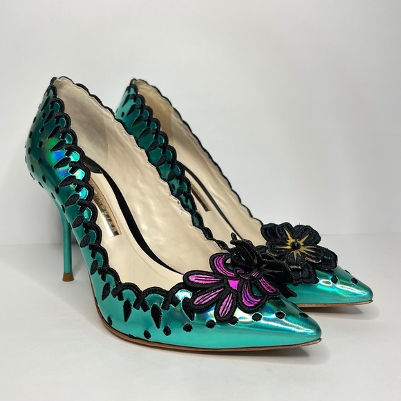 Sophia Webster Shoes - Sophia Webster Lilico Iridescent Teal Green Floral Pumps 36.5 Scalloped Stiletto